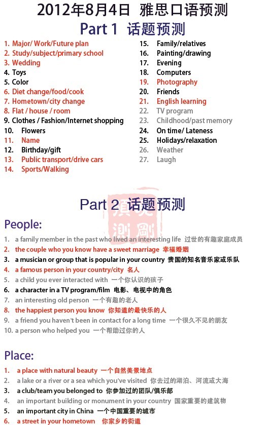新东方李晓刚：2012年8月4日雅思口语预测 part 1