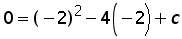0 = (negative 2)^2 minus 4 times (negative 2) + c