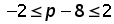 (negative 2) is less than or equal to (p minus 8) is less than or equal to 2