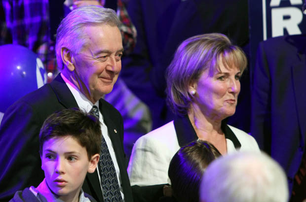 Preston Manning and his wife Sandra wait for Stephen Harper to arrive  at the Conservative Party campaign headquarters at the Telus  Convention Centre in Calgary late Monday evening May 2, 2011.